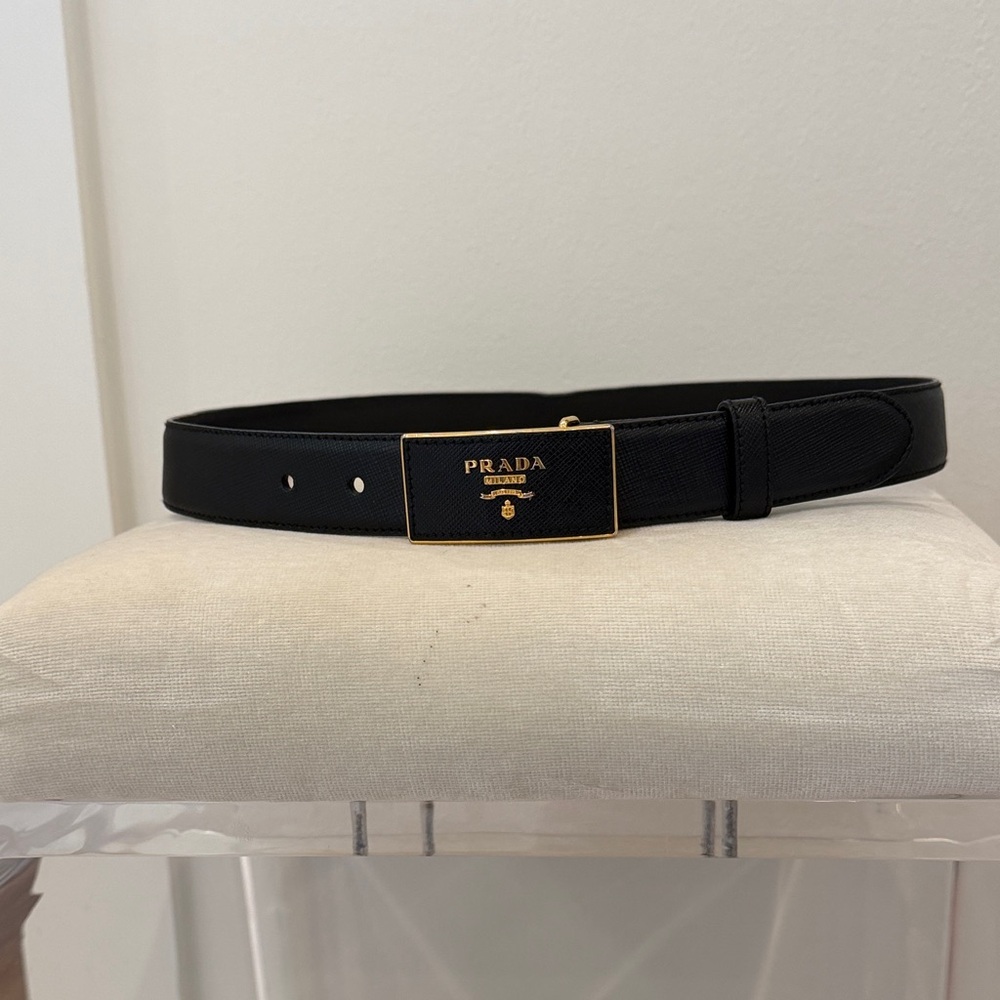 Prada Black Leather Belt with Gold Logo Plaque